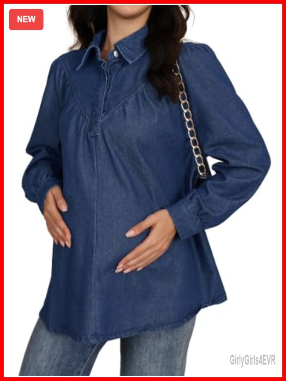 Maternity Denim Babydoll Top Long Sleeve Button Down V-Neck Blouse